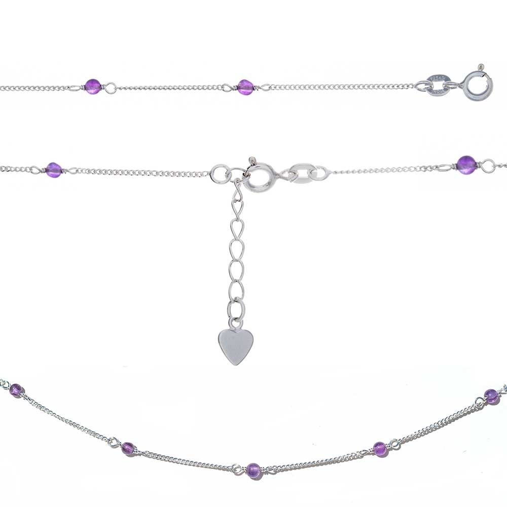 Adjustable ANKLET w/Amethyst Beads & Mini Heart Charm 9''