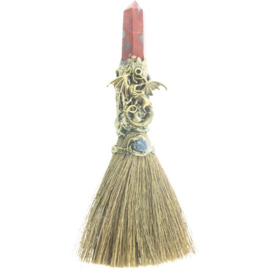 Gemstone Wicca Broom 7.5in - Red Jasper w/ Gold Dragon (Each)
