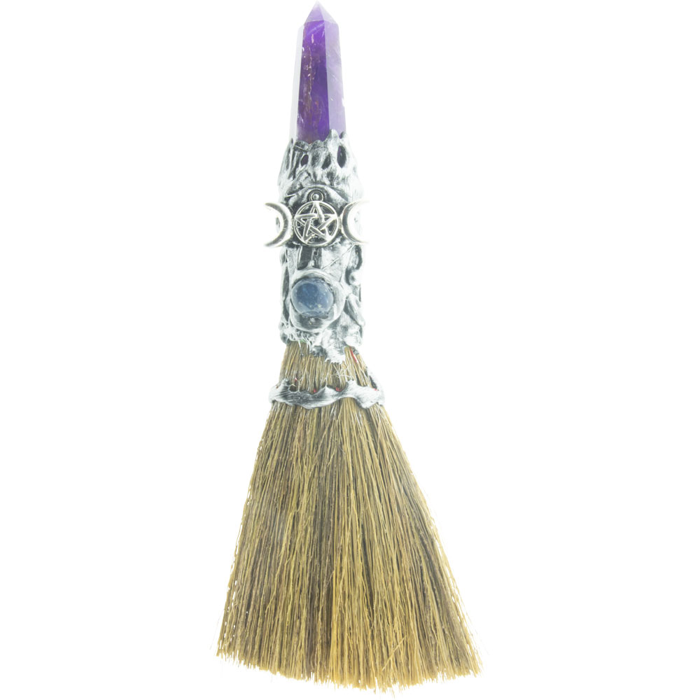Gemstone Wicca Broom 8in - AMETHYST w/ Silver Triple Moon (Each)
