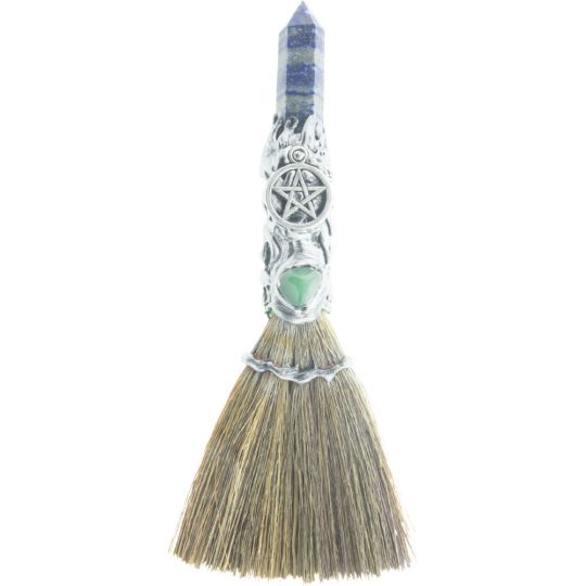 Gemstone Wicca Broom 7.5in - Lapis w/ Silver Pentacle (Each)