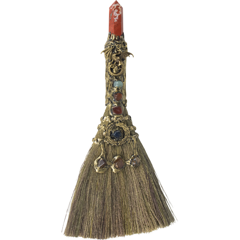 Gemstone Wicca Broom 13in - Red Jasper w/ GOLD Dragon (Each)