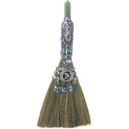 Gemstone Wicca Broom 13in - Green Aventurine w/ Silver Spiral Goddess (Each)