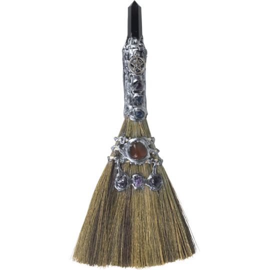 Gemstone Wicca Broom 13in - Black Obsidian w/ Silver Pentacle (Each)