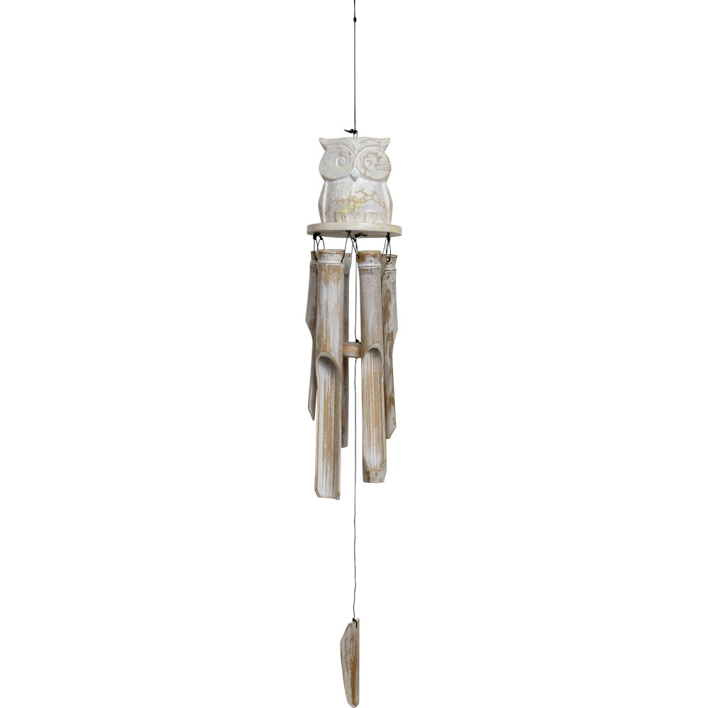BAMBOO Windchime White Washed Owl (Each)