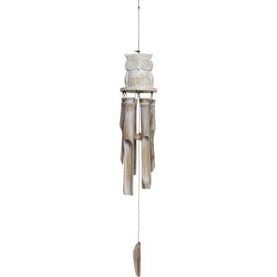 Bamboo Windchime White Washed Owl (Each)