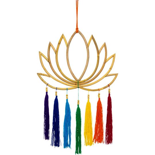 Bamboo Wall Hanging Lotus w/ Chakra Tassels (Each)