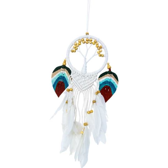 Wall Hanging Boho Natural Wooden Bead Tree w / Macrame Leaves Blue & Brown (Each)