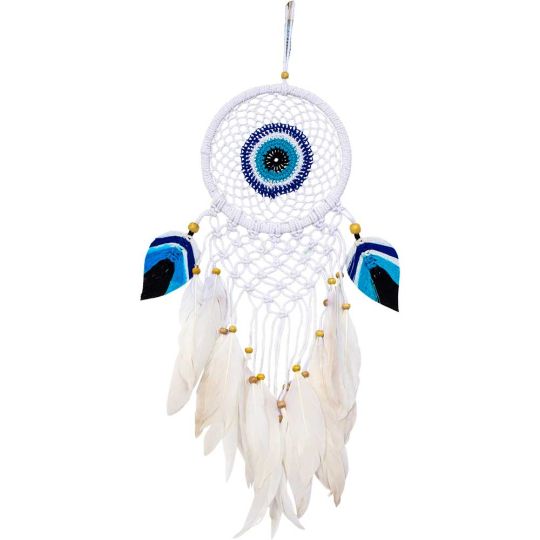 Dreamcatcher Boho Woven Evil Eye w/ White Macrame & Black/Blue Leaves (Each)