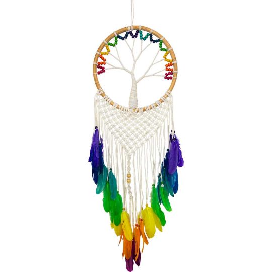 Wall Hanging Boho Wooden Bead Tree w/ Macrame & Feathers Chakra (Each)