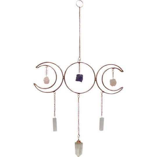 Metal Wall Hanging Triple Moon w/ Crystal Point & Gemstones - Copper (Each)