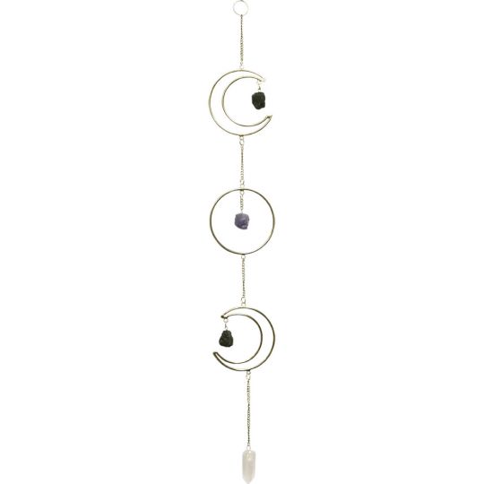 Metal Wall Hanging Triple Moon w/ Crystal Point & Gemstones - Gold (Each)