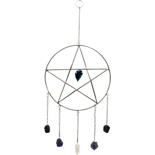 Metal Wall Hanging  Pentacle w/ Crystal Point & Gemstones - Antique Silver (Each)