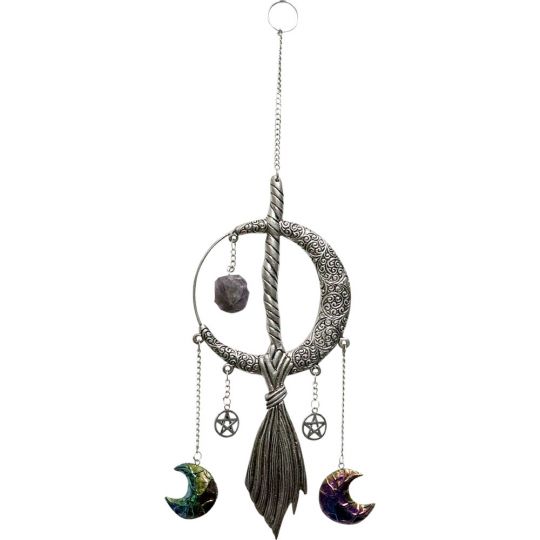 Metal Wall Hanging Moon & Broom w/ Amethyst - Antique Silver (Each)