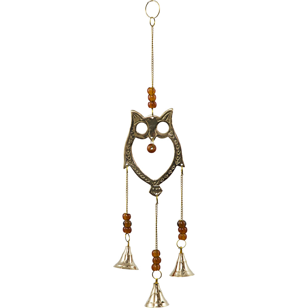 Brass Bell Chime  Owl w/ Brown BEADS (each)