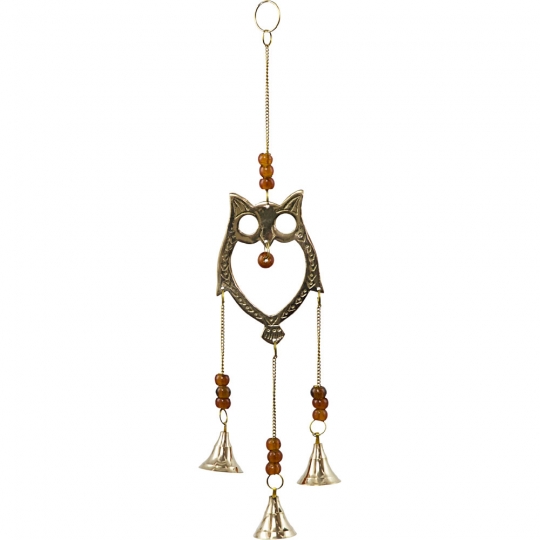 Brass Bell Chime  Owl w/ Brown Beads (each)