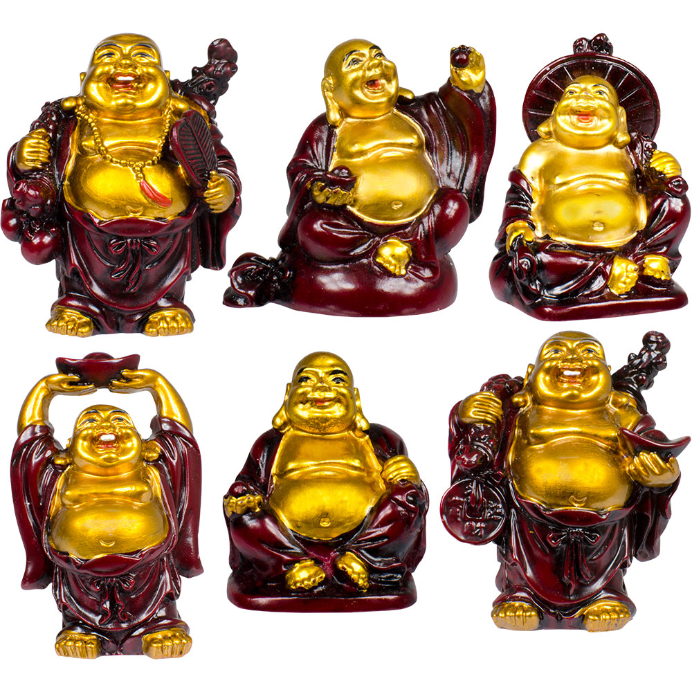 Polyresin Feng Shui Figurine 2-inch Buddha GOLD & Red (Set of 6)