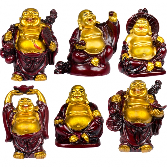 Polyresin Feng Shui Figurine 2-inch Buddha Gold & Red (Set of 6)