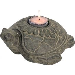Volcanic Stone Statue T-Light Holder - Lotus Turtle Black (Each)