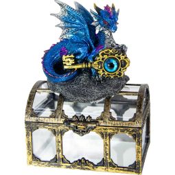 Polyresin Dragon on Treasure Chest - Blue w/ Dragon Eye Key (Each)