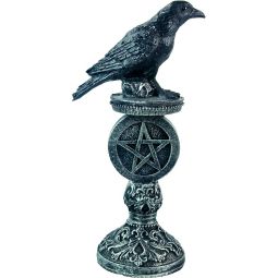 Polyresin Raven Figurine - On Pentacle Pedestal Antique Silver (Each)