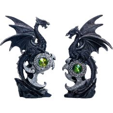 Polyresin Winged Dragon Figurines Perched on Shield w/Gem (Set of 2)