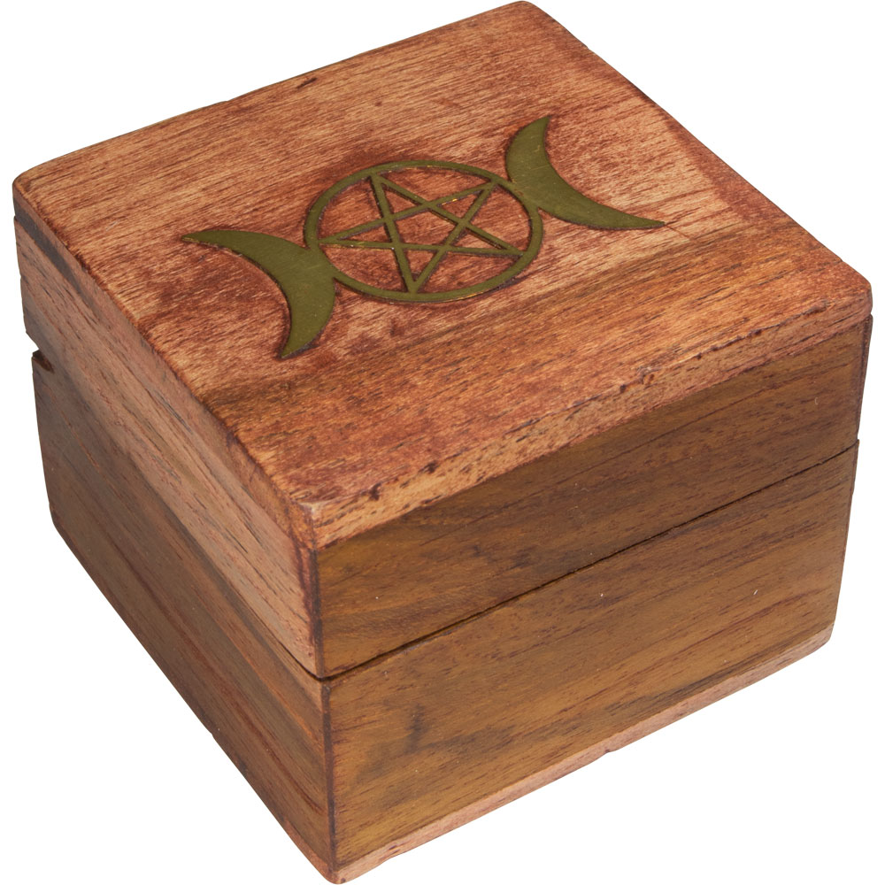 Acacia Wood Box VELVET Lined Brass Inlay - Triple Moon (Each)