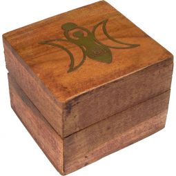 Acacia Wood Box Velvet Lined Brass Inlay - Moon Goddess (Each)