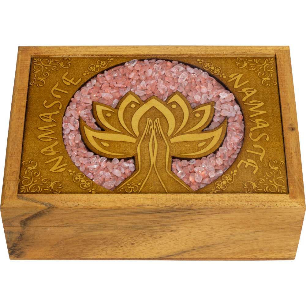 VELVET Lined Laser Etched Wooden Box - Namaste w/ Rose Qtz Inlay (Each)