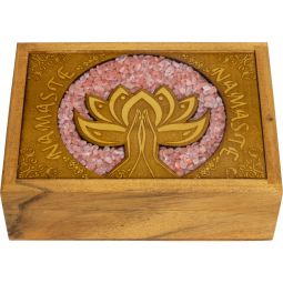 Velvet Lined Laser Etched Wooden Box - Namaste w/ Rose Qtz Inlay (Each)