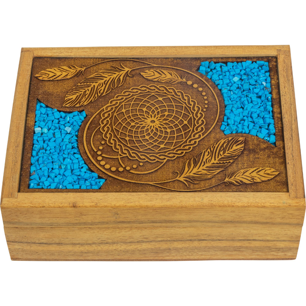 VELVET Lined Laser Etched Wooden Box - Dreamcatcher w/ Turquoise Inlay (Each)
