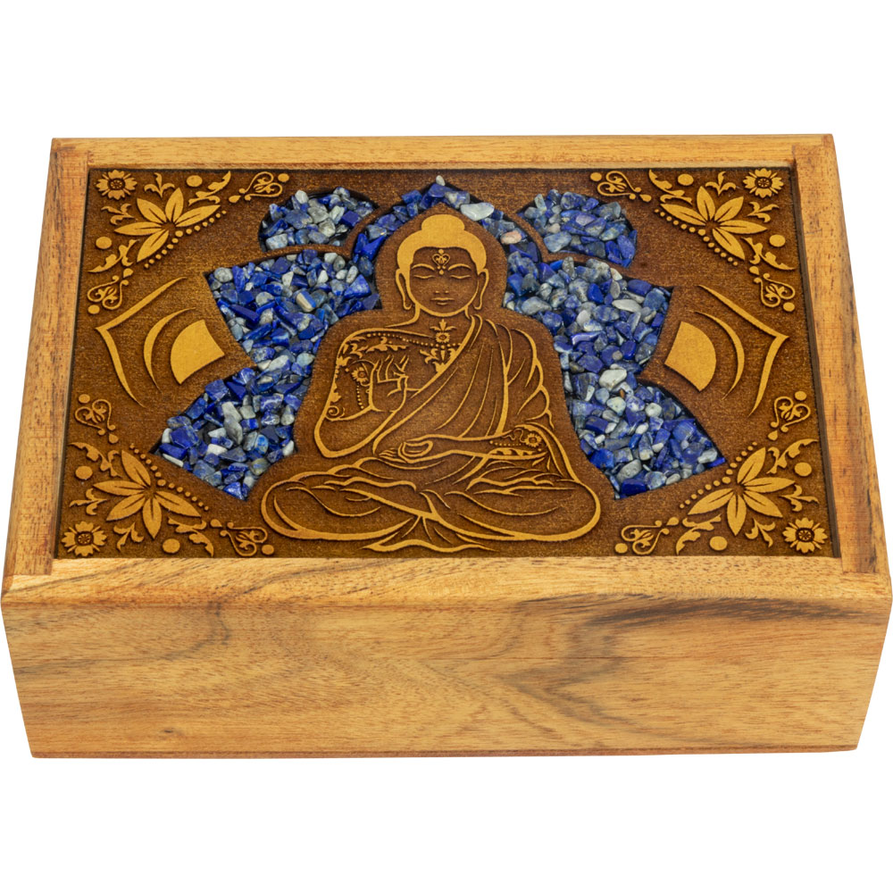VELVET Lined Laser Etched Wooden Box - Buddha w/ Sodalite Inlay (Each)