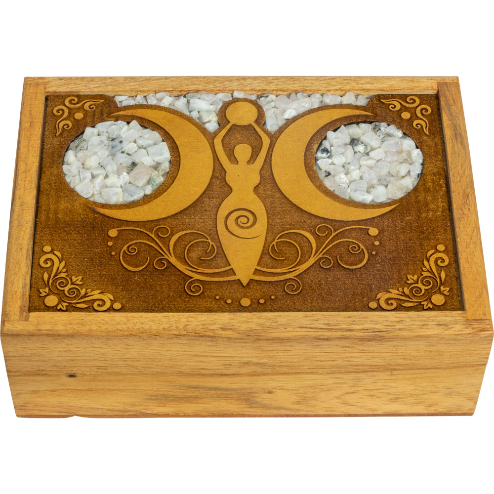 VELVET Lined Laser Etched Wooden Box - Moon Goddess w/ Rainbow Moonstone Inlay (Each)