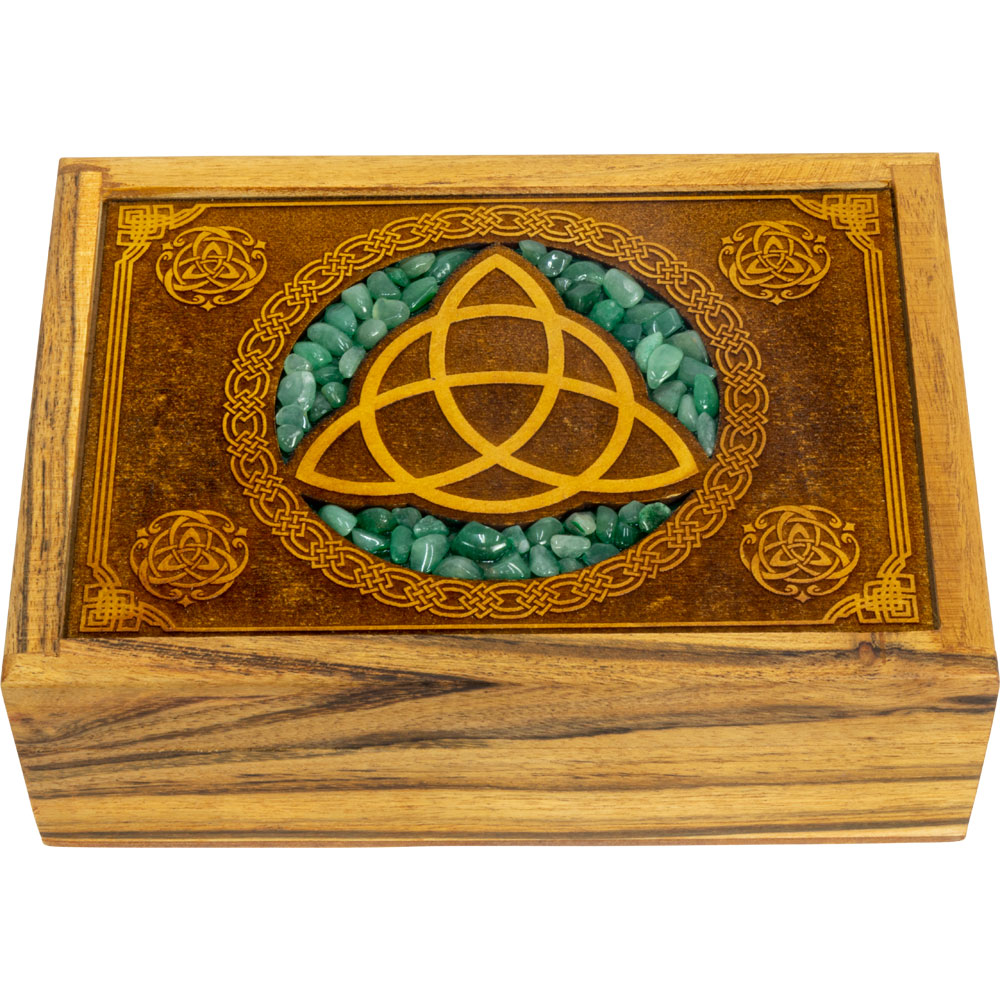 VELVET Lined Laser Etched Wooden Box - Triquetra w/ Green Aventurine Inlay (Each)