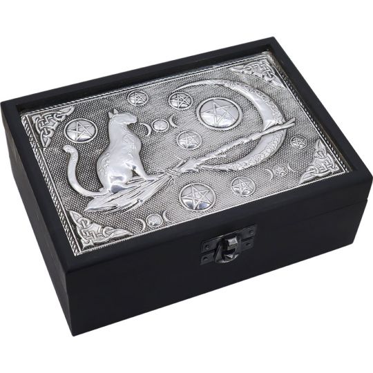 Velvet Lined Metal Top Wooden Box Crescent Moon w/ Cat & Broom (Each)