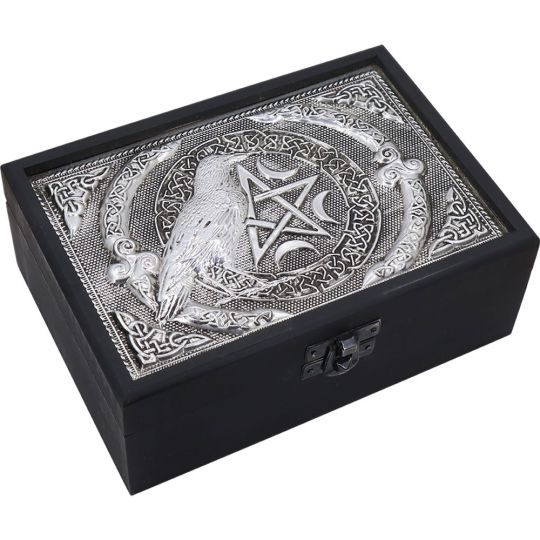 Velvet Lined Metal Top Wooden Box Raven w/ Pentacle (Each)