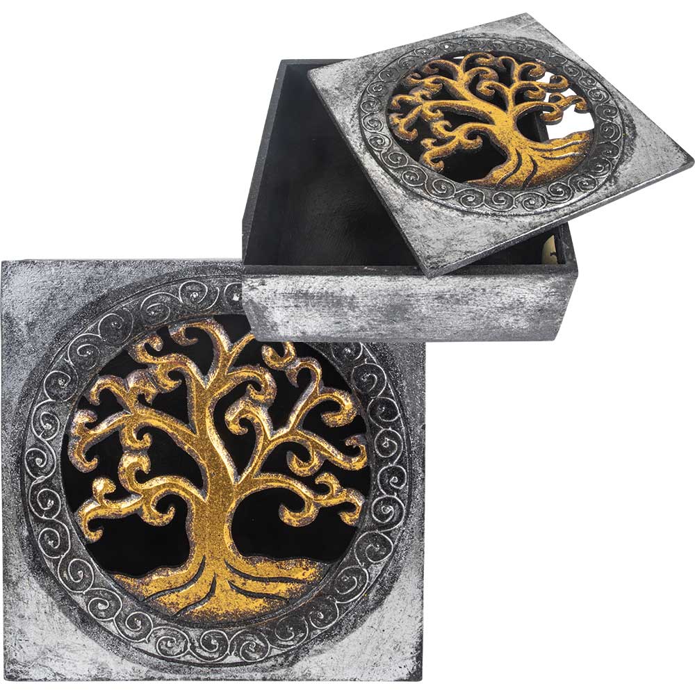 Carved Wood Box - Tree of Life Silver GOLD (Each)