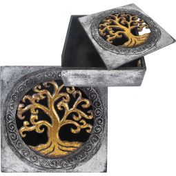 Carved Wood Box - Tree of Life Silver Gold (Each)