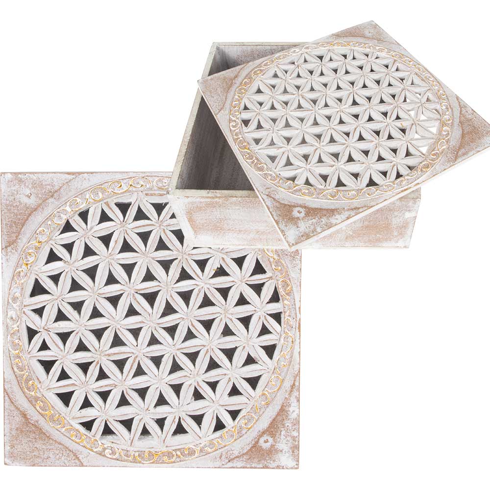 Carved Wood Box - FLOWER of Life White Washed (Each)
