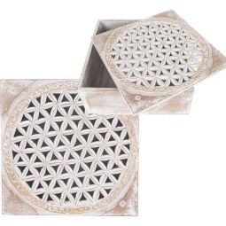 Carved Wood Box - Flower of Life White Washed (Each)