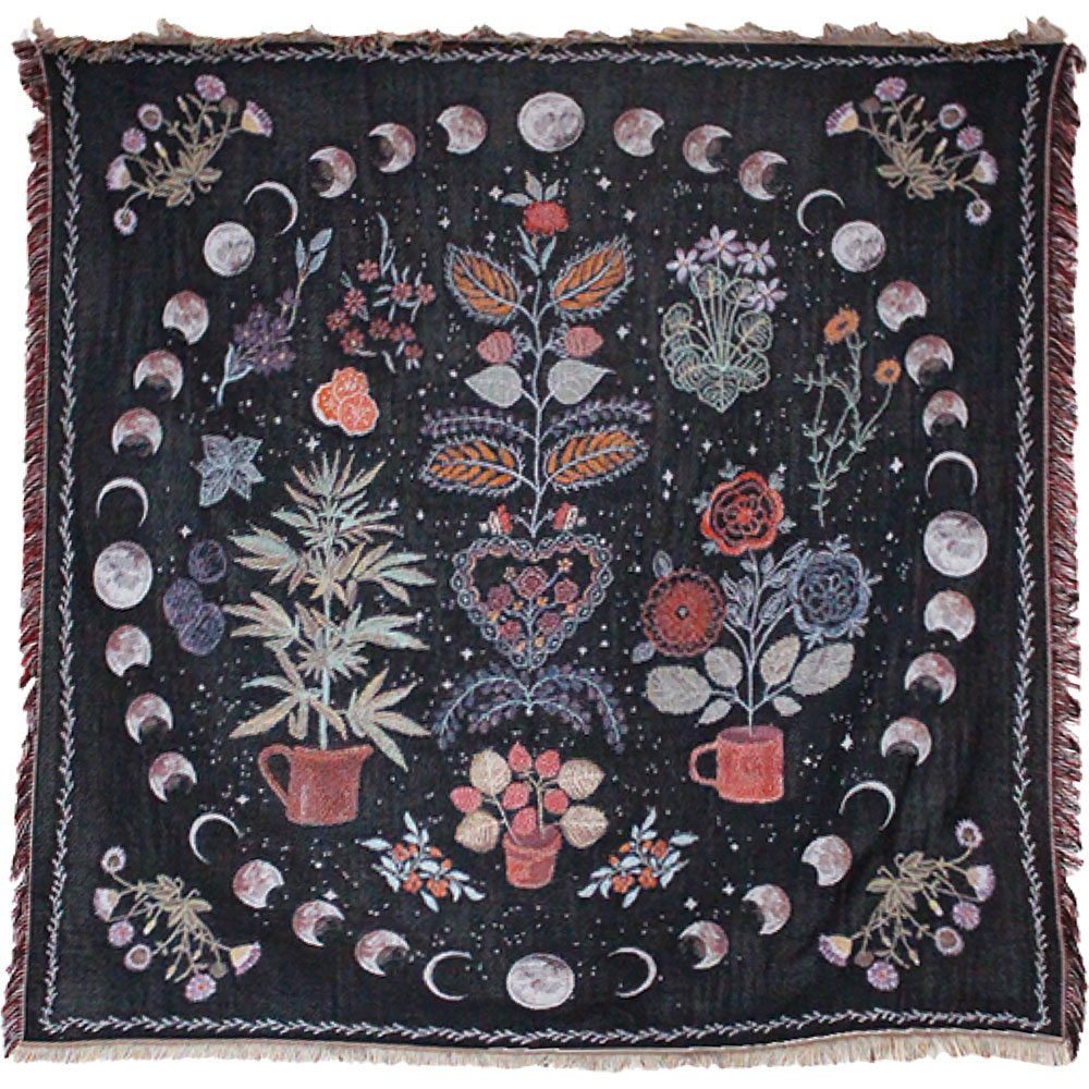 (Unavailable)Cotton Heavy Beach Throw w/ Fringe - FLOWER Garden & Moon Phases (Each)