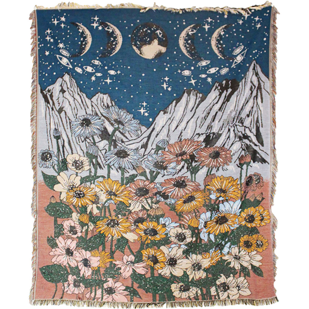 (Unavailable)COTTON Heavy Beach Throw w/ Fringe - Sunflowers & Moon Phases (Each)