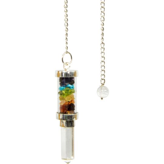 Glass Tube Pendulum w/ Chakras Chips & Crystal Point (Each)