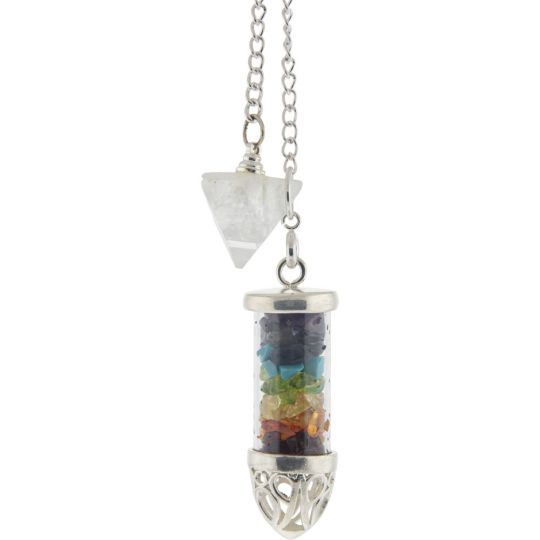 Pendulum Glass Tube w/ Chakra Chips & Antique Silver Tip (Each)