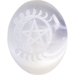 Selenite Palm Stone - Moon Phase w/ Pentacle (Each)