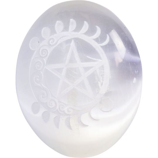 Selenite Palm Stone - Moon Phase w/ Pentacle (Each)
