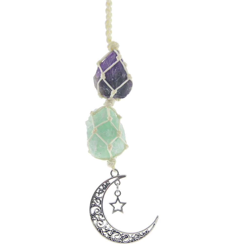 Hanging Rough Crystal String w/ Moon - AMETHYST & Green Aventurine (Each