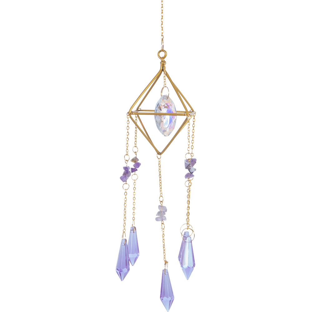 Hanging AB Crystal Prism SUNCATCHER w/ Amethyst Chips & Purple Crystals (Each)