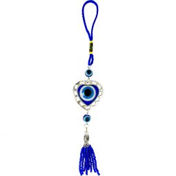 Glass Evil Eye Talisman - Puffed Heart w/ Beaded Tassel (Each)