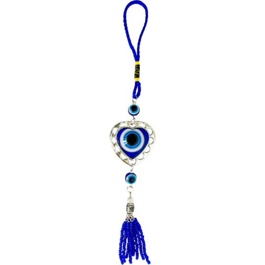 Glass Evil Eye Talisman - Puffed Heart w/ Beaded Tassel (Each)