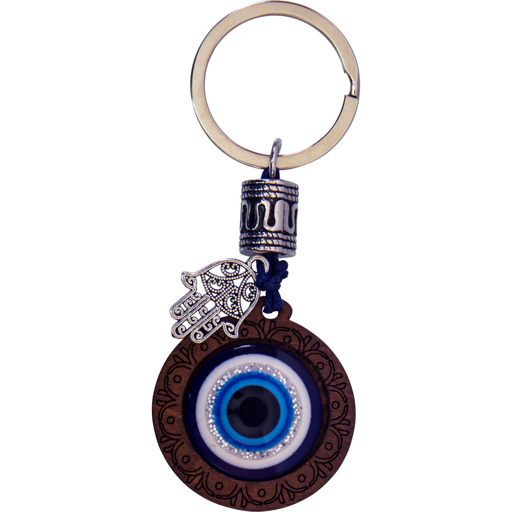 Evil Eye Talisman Key RING - Wood w/ Mini Fatima Hand (Each)